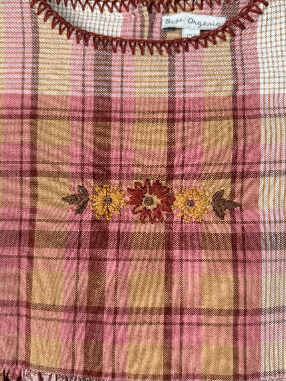 Bebe Organic Dress Girls Sz 10 Pink Cotton Plaid Cottagecore Peasant Embroidered